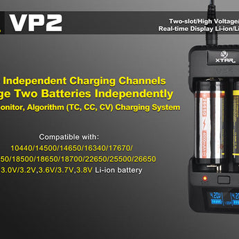 XTAR VP2 2-bay Li-ion/Li-Po Battery Charger - Charges 10440, 14500, 14650, 16340, 17500, 17670, 18350, 18500, 18650, 18700, 22650, 25500, and 26650