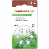 ZeniPower MF312 DF (6PK) Size A312 155mAh 1.45V Zinc Air Brown Hearing Aid Batteries - 6-Pack Retail Card
