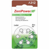 ZeniPower MF312 DF (6PK) Size A312 155mAh 1.45V Zinc Air Brown Hearing Aid Batteries - 6-Pack Retail Card