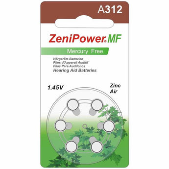 ZeniPower MF312 DF (6PK) Size A312 155mAh 1.45V Zinc Air Brown Hearing Aid Batteries - 6-Pack Retail Card