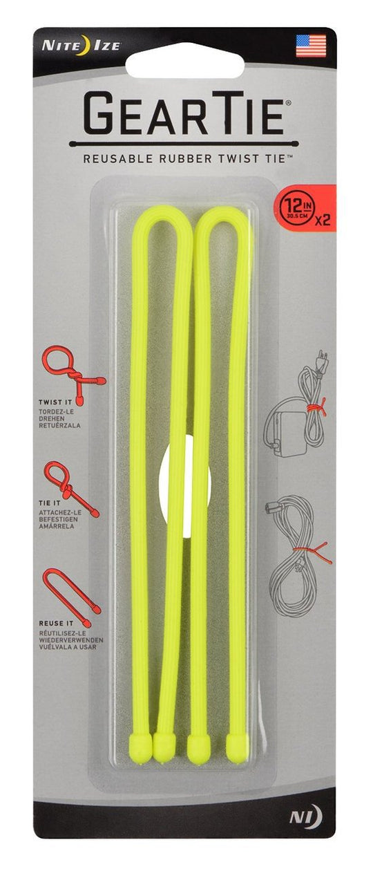 Nite Ize Gear Tie Reusable Rubber Twist Tie - 12-Inch - 2 Pack - Neon Yellow (GT12-2PK-33)