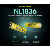 Nitecore NL1836 18650 3600mAh 3.6V Protected Lithium Ion (Li-ion) Button Top Battery