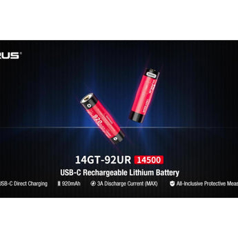 Klarus 14GT-92UR 14500 920mAh 3.7V Protected Lithium Ion (Li-Ion) High-Drain 3A Button Top Battery with USB-C Charging Port