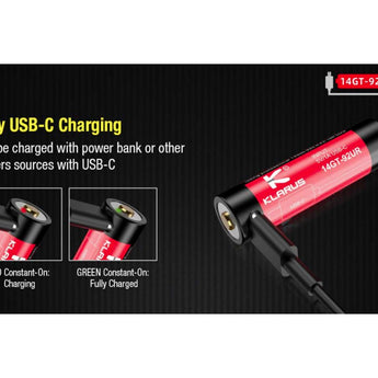 Klarus 14GT-92UR 14500 920mAh 3.7V Protected Lithium Ion (Li-Ion) High-Drain 3A Button Top Battery with USB-C Charging Port