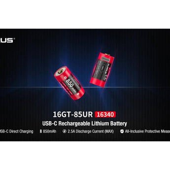 Klarus 16GT-85UR 16340 850mAh 3.7V High Discharge Protected Lithium Ion (Li-Ion) Button Top Battery with USB-C Charging Port