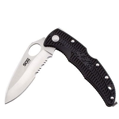 SOG SOGZilla Small Folding Knife - 3.8-inch Partially Serrated, Clip Point - Satin Finish - Black Handle - Clam Pack (SP02-CP)