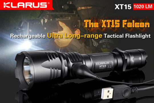 Klarus XT15 Falcon USB Rechargeable Flashlight - CREE XM-L2 U2 LED - 1020 Lumens - Uses 2 x CR123A or 1 x 18650