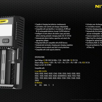Nitecore Superb Charger SC2 2-Channel Selectable Current Smart Battery Charger for Li-ion, Ni-Cd, NiMH Batteries, and USB Devices