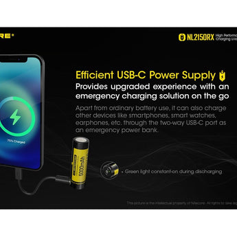 Nitecore NL2150RX 21700 5000mAh 3.6V Protected Lithium Ion (Li-ion) Button Top Battery with Built In USB-C Charging Port