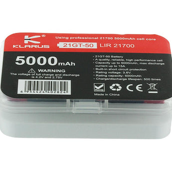 Klarus 21GT-50 INR 21700 5000mAh 3.6V Protected High-Drain 15A Lithium Ion (Li-ion) Button Top Battery
