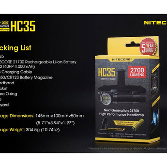 Nitecore HC35 Rechargeable LED Headlamp - 4 x CREE XP-G3 S3 - 2700 Lumens - Includes 1 x 21700