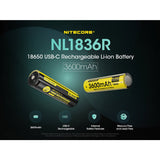Nitecore NL1836R 18650 3600mAh 3.6V Protected Lithium Ion (Li-ion) Button Top Battery with Built In USB-C Charging Port
