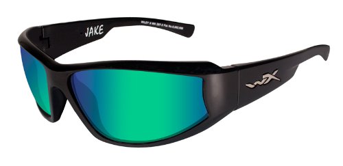 Wiley X Jake Climate Control Sunglasses Rx Ready with High Velocity Protection - Gloss Black Frame with Polarized Emerald Mirror (Amber Tint) Lenses (CCJAK06)