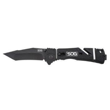 SOG Trident Elite Folding Knife - 3.7-inch Straight Edge, Tanto - Black TiNi - Black Handle - Boxed (TF104-BX)