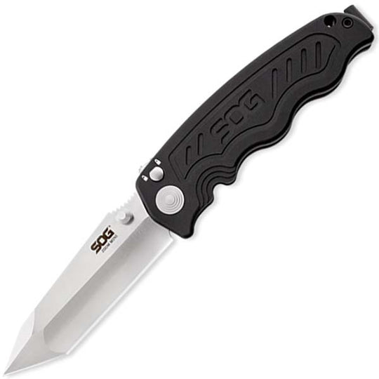 SOG Zoom Mini Folding Knife - 3.15-inch Straight Edge, Tanto - Satin Finish - Black Handle - Boxed (ZM1003-BX)