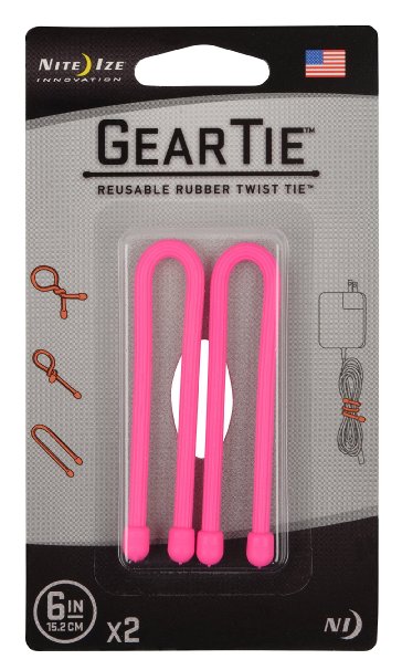 Nite Ize Gear Tie Reusable Rubber Twist Tie - 6-Inch - 2 Pack - Neon Pink (GT6-2PK-35)