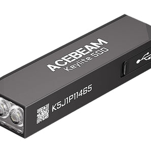 Acebeam Keylight 500 black keychain flashlight sitting flat, angled view on a white background