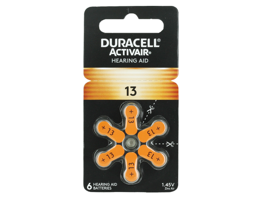 A package of six Duracell Activair 13 hearing aid batteries on a black and orange blister card, photographed against a plain white background.