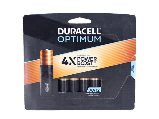 Pack of Duracell Optimum AA batteries with '4X Power Boost' on a white background
