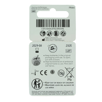 Duracell hearing aid battery packaging with barcode and text on a white background