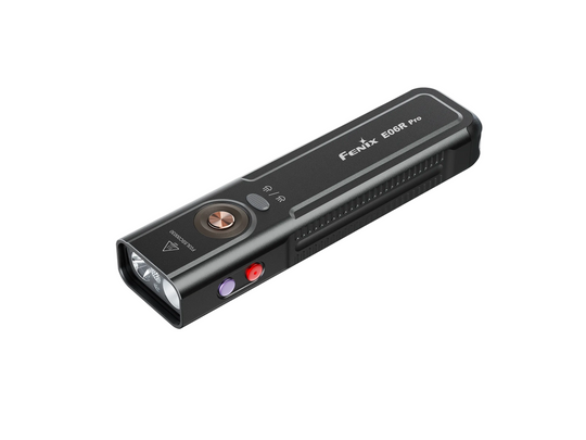 Black Fenix E06R Pro USB-C Rechargeable All-Purpose Flat Flashlight - Angled View