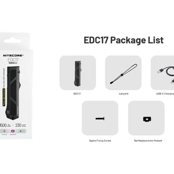 Nitecore EDC17 USB-C Rechargeable EDC Flashlight - 1500 Lumens - NiteLab UHi 25 - Uses Built-in 1500mAh Li-ion Battery Pack