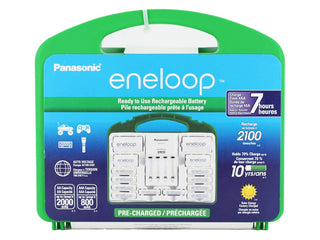 Panasonic eneloop rechargeable battery pack with green and blue packaging