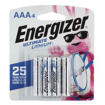 Energizer Ultimate L92-BP-4 AAA 1250mAh 1.5V High Energy 1.5A Lithium (LiFeS2) Button Top Batteries - 4 Pack Retail Card