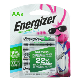 Energizer NiMH AA rechargeable batteries packaging 8 pack on a white background
