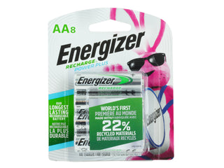 Energizer NiMH AA rechargeable batteries packaging 8 pack on a white background