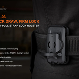Fenix ALC-03 quick draw, firm lock holstered on a belt with product features listed.