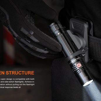 Tactical flashlight with open structure design, worn on a belt with gloved hand.