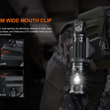 Flashlight with 20mm wide mouth clip attachment on a tactical background