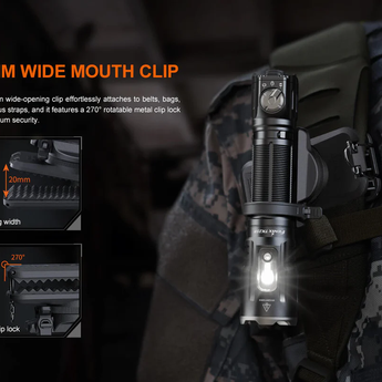 Flashlight with 20mm wide mouth clip attachment on a tactical background