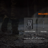 Holster and spare strap packaging with product images and text on a dark background