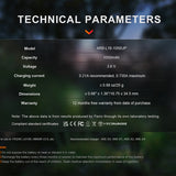 Technical parameters of a battery displayed on a dark background