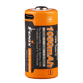 Orange Fenix battery with black text on a white background
