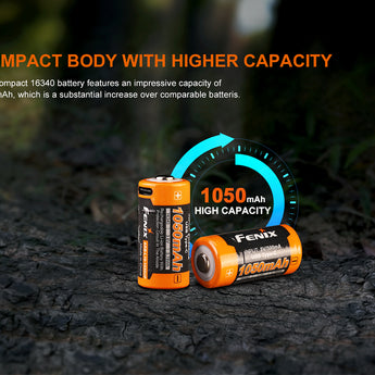 Two Fenix batteries on a dark textured surface with text highlighting capacity.