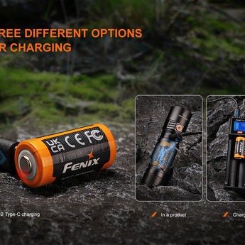 Fenix battery and charging options with text on a dark background
