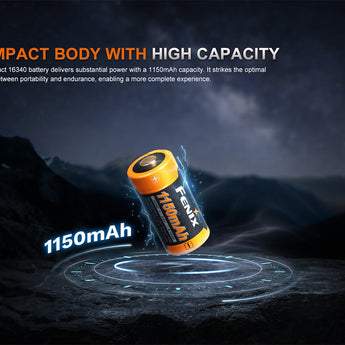 Fenix battery with 1150mAh label on a dark background