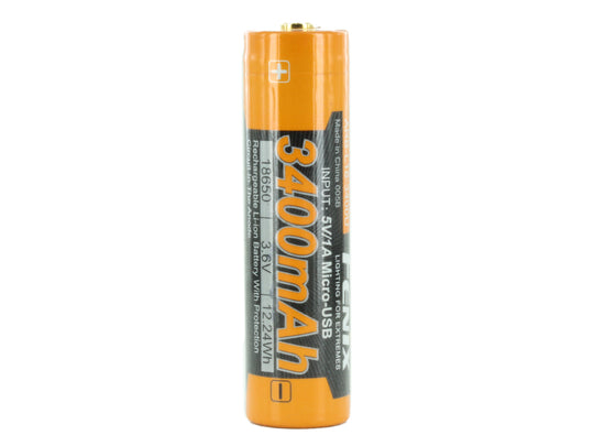 Fenix ARB-L18-3400U 18650 3400mAh 3.6V Protected Lithium Ion (Li-ion) Button Top Battery with Micro USB Charging Port - Clam Shell