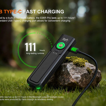 Fenix E06R Pro RG Flat Flashlight - infographic indicating USB-C fast charging with long runtime