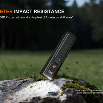 Fenix E06R Pro RG Flat Flashlight - infographic indicating 1 meter impact resistance