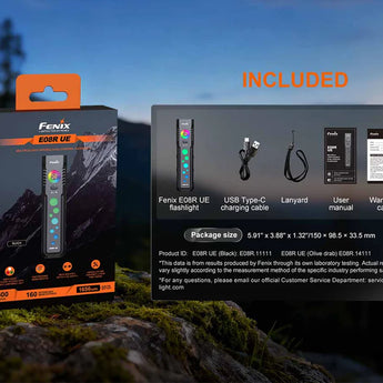 Fenix E08R UE Flat Flashlight - Box and Accessories