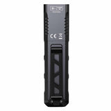 Fenix E08R UE Flat Flashlight - Black Color Option - Angled Upright - Back View of Pocket Clip