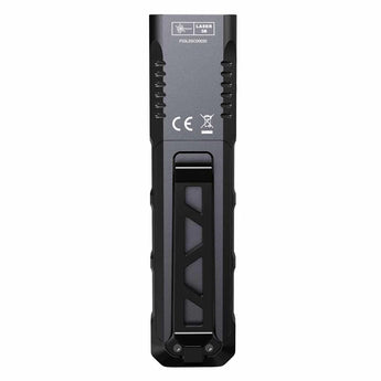 Fenix E08R UE Flat Flashlight - Black Color Option - Angled Upright - Back View of Pocket Clip