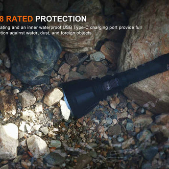Fenix HT18R V2.0 USB-C Rechargeable LED Flashlight Informational Slide - IP68 Rated Protection