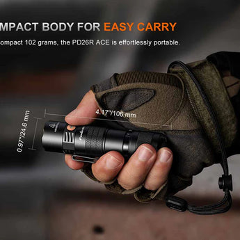 Fenix PD26R ACE USB-C Rechargeable LED Flashlight Informational Slide - Compact Body for Easy Carry