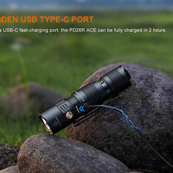 Fenix PD26R ACE USB-C Rechargeable LED Flashlight Informational Slide - Hidden USB Type C Port