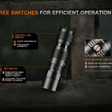 Fenix PD26R ACE USB-C Rechargeable LED Flashlight Informational Slide - Three Switched for Efficient Operation